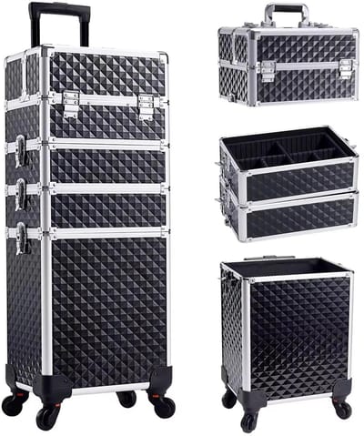 Stervia Make Up Koffer - Make Up Trolley - 4 Laags - Met Slot - 360 graden wieltjes - Uittrekbare Lagen - Zwart - 34 x 25 x 76 cm