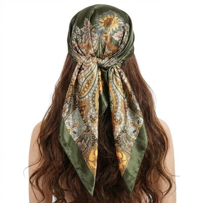 Groen multicolor bandana dames – vierkante satijn look hoofddoek met sierlijke paisley print – geschikt als haar bandana, headscarf en fashion accessoire