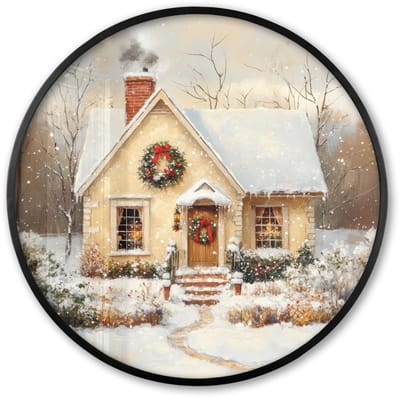 Poster in lijst Rond - Fotolijst 60x60 cm - Posters - Kerst - Huis - Winter - Sneeuw - Ronde posterlijst zwart - Decoratie - Wanddecoratie woonkamer - Muurdecoratie slaapkamer - Kerstversiering - Kerstdecoratie voor binnen - Kerstmis
