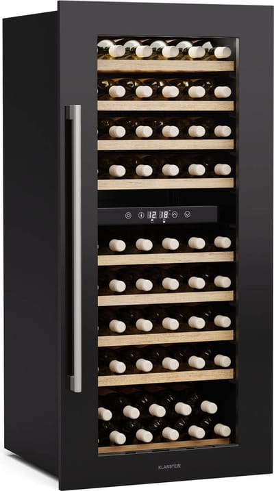 Klarstein Wijnkoeler Vinsider Duo - 79 flessen, 2 zones, 5-22 °C, touchscreenbediening, ledverlichting, UV-bescherming, inbouwmodel, zwart - Wijnkoelkast - 204L - voor Wijnliefhebber voor Bar - Houten Schappen Compressor