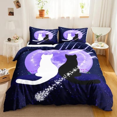 Parure de lit imprimée recto verso 3 pièces, housse de couette et oreillers en forme de chat mignon avec dessin animé EU SK 260x220cm