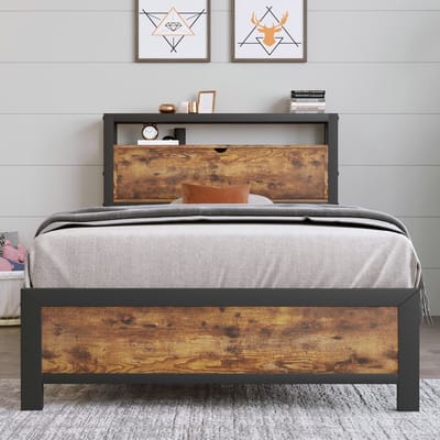 VVBV Gestoffeerd Opbergbed 90x200 cm - Lattenbodem, Opbergruimte en Opberghoofdbord, Voor Kinderen/Tieners - Metaal Zwart