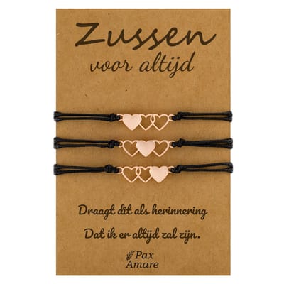 Vriendschapsarmbandjes voor 3 "Zussen voor altijd" - Hartjes - BFF Armbandjes met Cadeau Kaartje - Rosé Goud & Zwart - Elastisch Verstelbaar - Pax Amare
