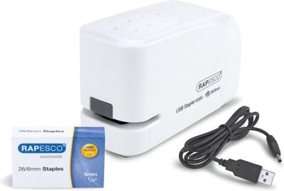 Rapesco 626EL Elektrische nietmachine, 26/6, USB/batterij, wit