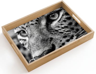 Dienblad hout 40x30 cm - Schootdienblad - Luipaard - Zwart - Wit - Oog - Borrelplank rechthoek - Plateau dienbladen