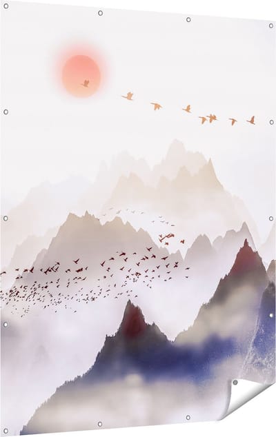 Gards Tuinposter Bergenlandschap met een Boom - Abstract - 120x160 cm - Tuindoek - Tuindecoratie - Wanddecoratie buiten - Tuinschilderij