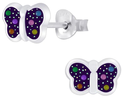 Joy|S - Zilveren vlinder oorbellen - glitter zwart met gekleurde stipjes