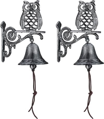 2x deurbel gietijzer - tuinbel uil zilver - vintage tuindecoratie - buitenbel