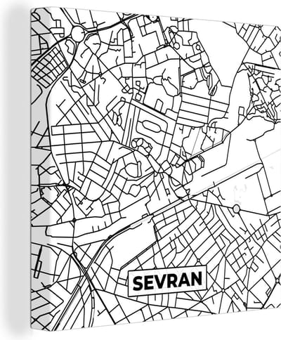 Canvas Schilderij Plattegrond - Kaart - Frankrijk - Stadskaart - Sevran - Zwart wit - 20x20 cm - Wanddecoratie