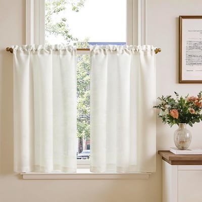 Vitrage, bistrogordijn, set van 2 stuks, 90 x 65 cm (h x b), wit, linnenlook, raamgordijn, gordijn, gaas, sjaals, lichtdoorlatend, raamsjaal, keuken, woonkamer, landhuis