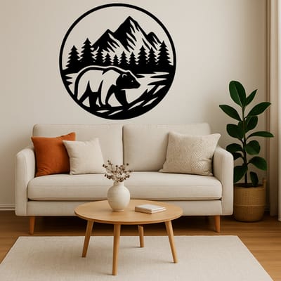 Beer in Cirkel Wanddecoratie Hout – Natuur Muurdecoratie – Lasergesneden Dieren Design – Stoer Cadeau voor Natuurliefhebber – Woonkamer & Kantoor Decor – 70 cm Breed