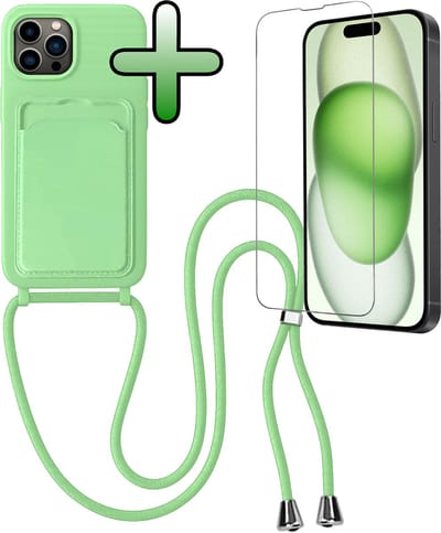 Hoes Geschikt voor iPhone 14 Pro Max Hoesje Pas Houder Case Hoes Met Koord Met Screenprotector - Hoesje Geschikt voor iPhone 14 Pro Max Hoes Met Telefoonkoord Pasjeshouder Cover - Groen