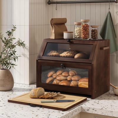 Famanu - Eco broodtrommel broodmand met snijplank opbergdoos keuken broodopslag broodcontainer gevisualiseerd voor brood roosterbrood 39 x 26 x 32 5 cm (l x b x h) bruin | Luxe opberger, modern design voor keuken en dagelijks gebruik