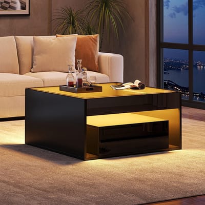 BLACKCOLORS - Salontafel - Zwart hoogglans glas - 2 lades & LED-verlichting - Opengewerkt design (70x70x35 cm)