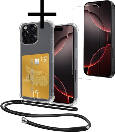 Hoes Geschikt voor Apple iPhone 16 Pro Hoesje Pasjeshouder Cover Met Koord Shock Proof Case Siliconen Hoes Met Telefoonkoord en Kaarthouder Met Screenprotector - Transparant