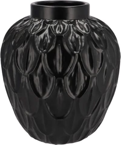 DK Design Bloemenvaas rond model - Boa - zwart - veren/schub relief - 31 x 31 x 35 cm - modern