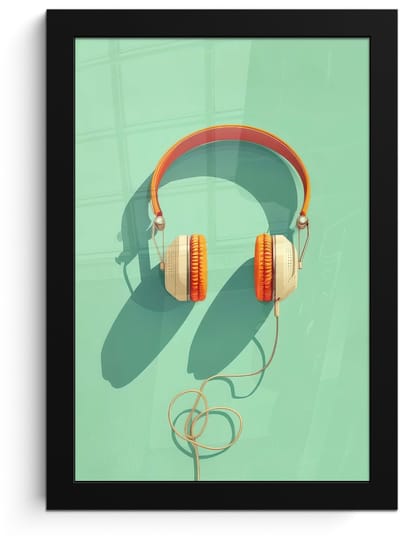 Poster in lijst - Fotolijst 20x30 cm - Posters - Koptelefoon - Oranje - Snoer - Minimalistisch - Posterlijst zwart - Decoratie - Wanddecoratie woonkamer - Muurdecoratie slaapkamer - Kerstversiering - Kerstdecoratie voor binnen - Kerstmis