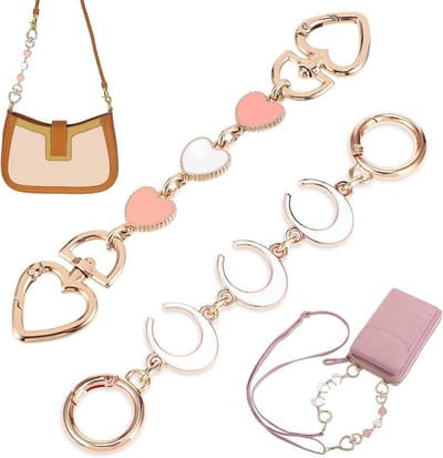 Allecto Plus - Portemonnee-verlengketting wit hart maan - 2 stuks - Voor dames handtas - Metalen ketting - Vervangende accessoires - Schoudertas toebehoren