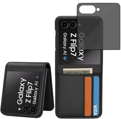 ChiGuard Wallet Case & privacy screenprotector geschikt voor Galaxy Z Flip 7 – Book Case - Portemonnee - Diep Zwartleder