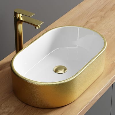 Ovale Wastafel - Aanrecht spoelbak - Badkamer inrichting - Krasbestendig keramiek - 55 x 34 x 14 cm - Goud wit