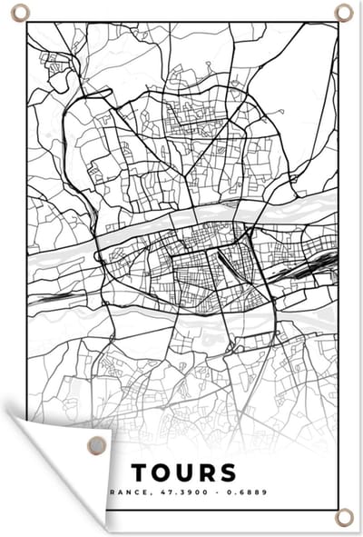 Muurdecoratie Stadskaart - Tours - Plattegrond - Kaart - Frankrijk - Zwart wit - 120x180 cm - Tuinposter - Tuindoek