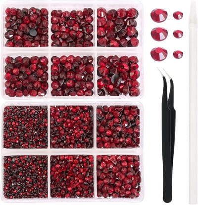6600 stuks heetgestempelde strass-steentjes, kristal-edelstenen, glas, voor wijnglazen, kleding, overhemden, glitter, platte basis, rond, inclusief pincet en opnamestift (Rood)