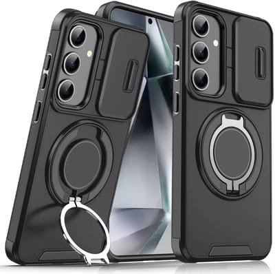 Armor Tough [360° draaibare ringstandaard] [compatibel met Magsafe] Hoesje Geschikt voor: Samsung Galaxy A55 - Ingebouwde dia camera cover - Hybrid - Zwart