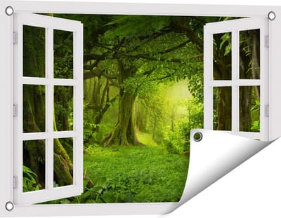 Gards Tuinposter Doorkijk Groene Tropische Jungle Bos - 60x40 cm - Tuindoek - Tuindecoratie - Wanddecoratie buiten - Tuinschilderij