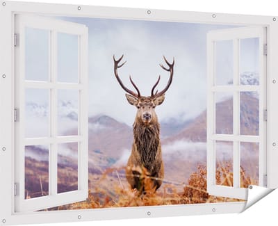 Gards Tuinposter Doorkijk Hert in de Bergen - 180x120 cm - Tuindoek - Tuindecoratie - Wanddecoratie buiten - Tuinschilderij