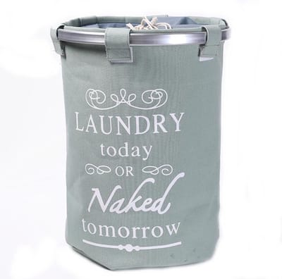 Ronde Wasmand met deksel - 50 L- Tekst LAUNDRY TODAY OR NAKED TOMORROW - Badkamer wasmand afsluitbaar - Waszak - Groen