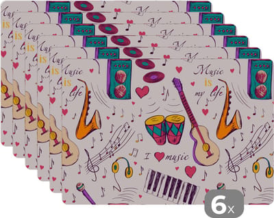 Placemat - Placemats kunststof - Muziek - Instrumenten - Quotes - 45x30 cm - 6 stuks - Hittebestendig - Anti-Slip - Onderlegger - Afneembaar