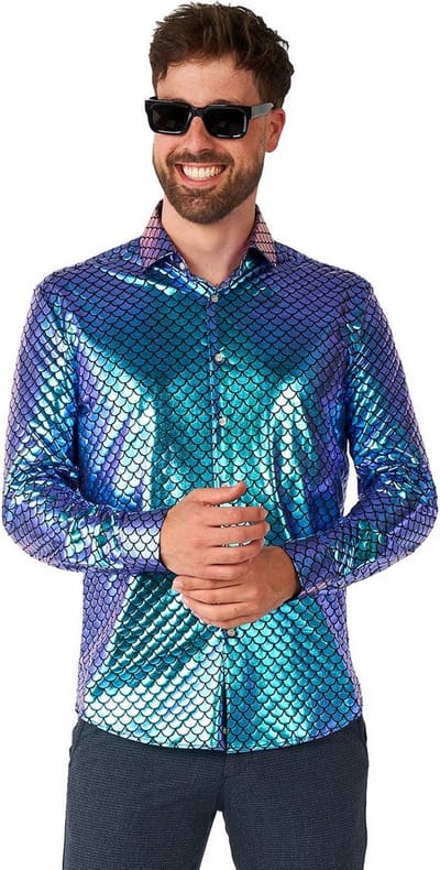 OppoSuits Shirt - Fancy Fish - Heren Overhemd - Carnavalskleding - Glimmend Shirt - Feest Shirt - Kerst - Blauw - Maat: M