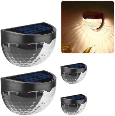 Solar Fence Lights Outdoor, 6 LED waterdichte wandlampen voor terrasverlichting, 4 stuks (zwart-warm wit)