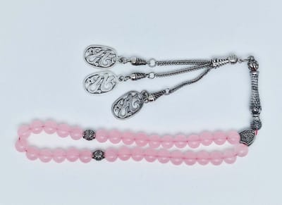 Handgemaakte tesbih klassiek - "Tasbih" natuursteen " Roze kwartz" - Aantal kralen 33 - Diameter kralen 8 MM - met metaal tassel "yarab" - Een mooi cadeau-idee
