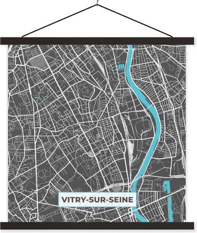 Posterhanger incl. Poster 60x60 cm - Schoolplaat - Frankrijk - Plattegrond - Stadskaart - Kaart - Vitry-sur-Seine - Textielposter - Zwarte latten - Stadskaart