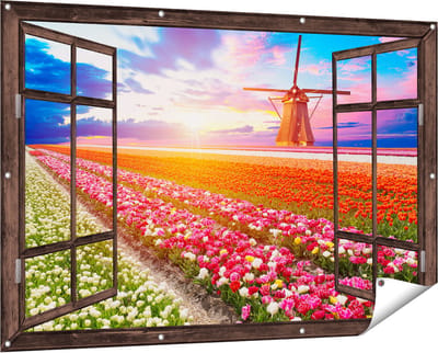 Gards Tuinposter Doorkijk Kleurrijke Bloemenveld met een Windmolen - 150x100 cm - Tuindoek - Tuindecoratie - Wanddecoratie buiten - Tuinschilderij