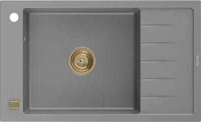 Mexen Elias enkele granieten gootsteen met afdruiprek 795 x 480 , grijs, gouden sifon - 6511791005-71-G