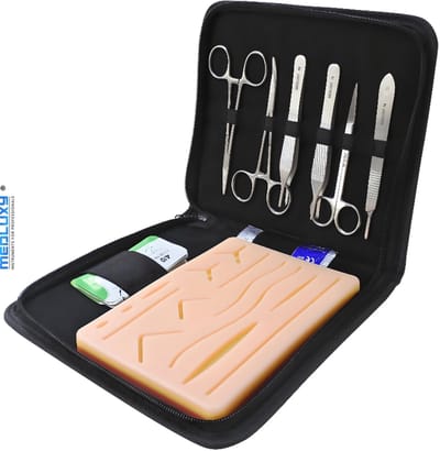 MEDLUXY® - Hechtset Geneeskunde - Hechten Oefenen - Hechtset Chirurgisch - 14-delig - Naaldvoerder - Hechtpad - Imitatiehuid Oefenhuid - Opbergmap - 21cm x 21cm x 3cm - MD0139