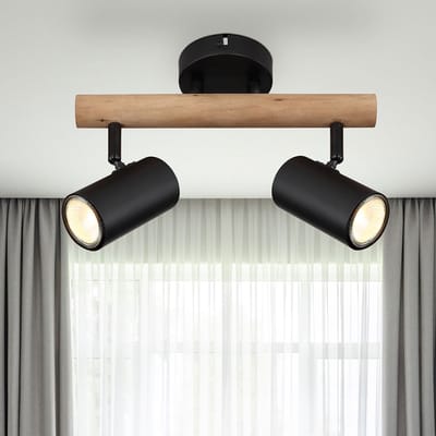Plafondlamp Eetkamerlamp Woonkamerlamp Plafondspot, hout metaal zwart, beweegbare spots, GU10, 2 vlammen, L 30 cm