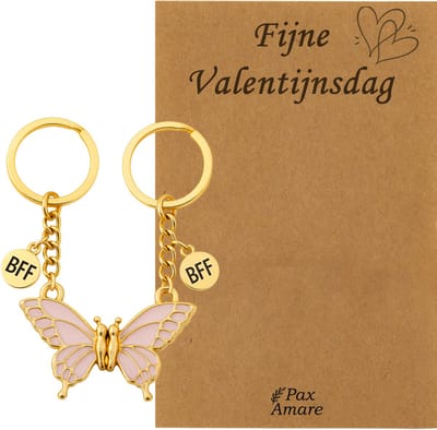 Koppel Sleutelhanger voor 2 'Fijne Valentijnsdag' - Magnetische Roze Vlinder - Sleutelhanger set op Cadeau Kaartje - Goudkleurig - Vriendschap of Relatie Symbool - Pax Amare