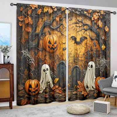 2 stuks Pompoen Begraafplaats Geest Bedrukt Gordijn voor Halloween Huisdecoratie - Tunnel voor Roede Raambekleding voor Slaapkamer, Kantoor, Keuken 52.5cmX116cm X 2pcs brown