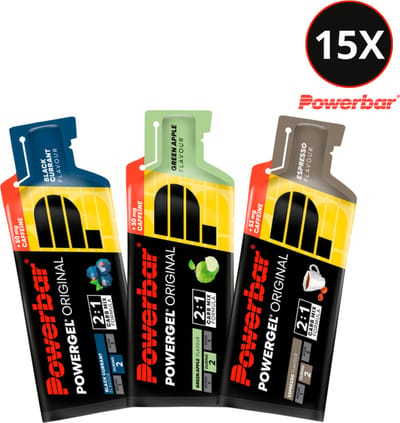 Powerbar Energiegels | Powergel Original| Mixpakket met cafeïne – 5x Black Currant + 5x Espresso + 5x Green Apple