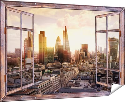 Gards Tuinposter Doorkijk Londen bij Zonsondergang in een Moderne Wijk - 180x120 cm - Tuindoek - Tuindecoratie - Wanddecoratie buiten - Tuinschilderij
