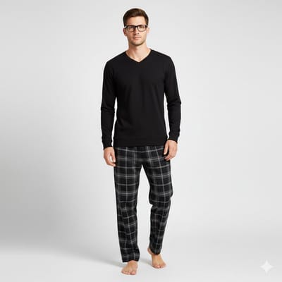 La V pyjamaset voor heren met geruite flanel broek met V hals top Zwart/ Antracietgrijs S