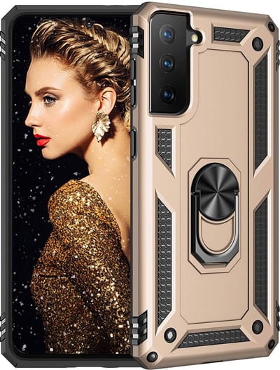 HB Hoesje Geschikt voor Samsung Galaxy S21 Plus Goud - Anti-Shock Hybrid Armor Back Cover - Hoes met Kickstand Ring
