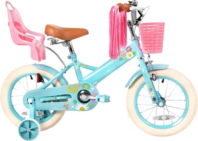 Kinderfiets – Voor jongens en meisjes – Met mand, bel, extra wielen en poppenzitje, leuk verjaardagscadeau – Blauw, 30 cm
