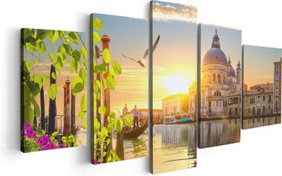 Artaza Canvas Schilderij Vijfluik Kanaal in Venetië met Bloemen - 100x50 cm - Wanddecoratie Woonkamer - Schilderijen - Muurdecoratie