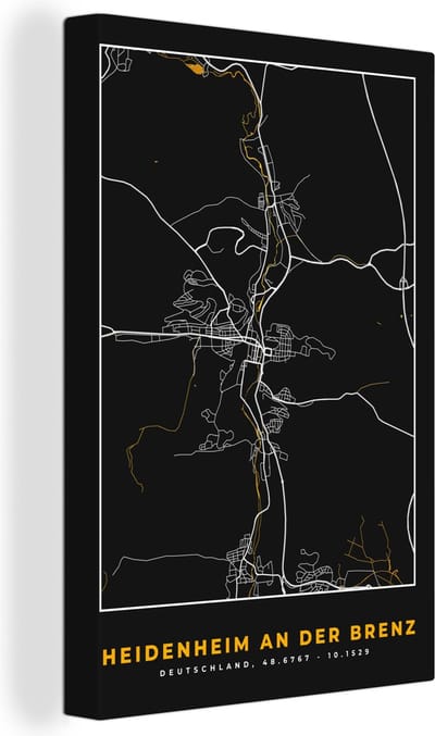 Canvas Schilderij Kaart – Plattegrond – Stadskaart – Heidenheim an der Brenz – Duitsland – Goud - 20x30 cm - Wanddecoratie