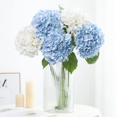 Dailygoods - NatureMan 4 stuks hortensia kunstbloemen, 50 cm latex real touch hortensia's grote hortensia bloemen voor huisdecoratie feestarrangementen bruiloft boeketten centerpieces (2 blauw en 2 wit)