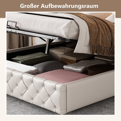 Gestoffeerd Bed met LED-verlichting - 180 x 200 cm - Tweepersoonsbed - Opbergbed met Opbergruimte - Zonder matras - Wit